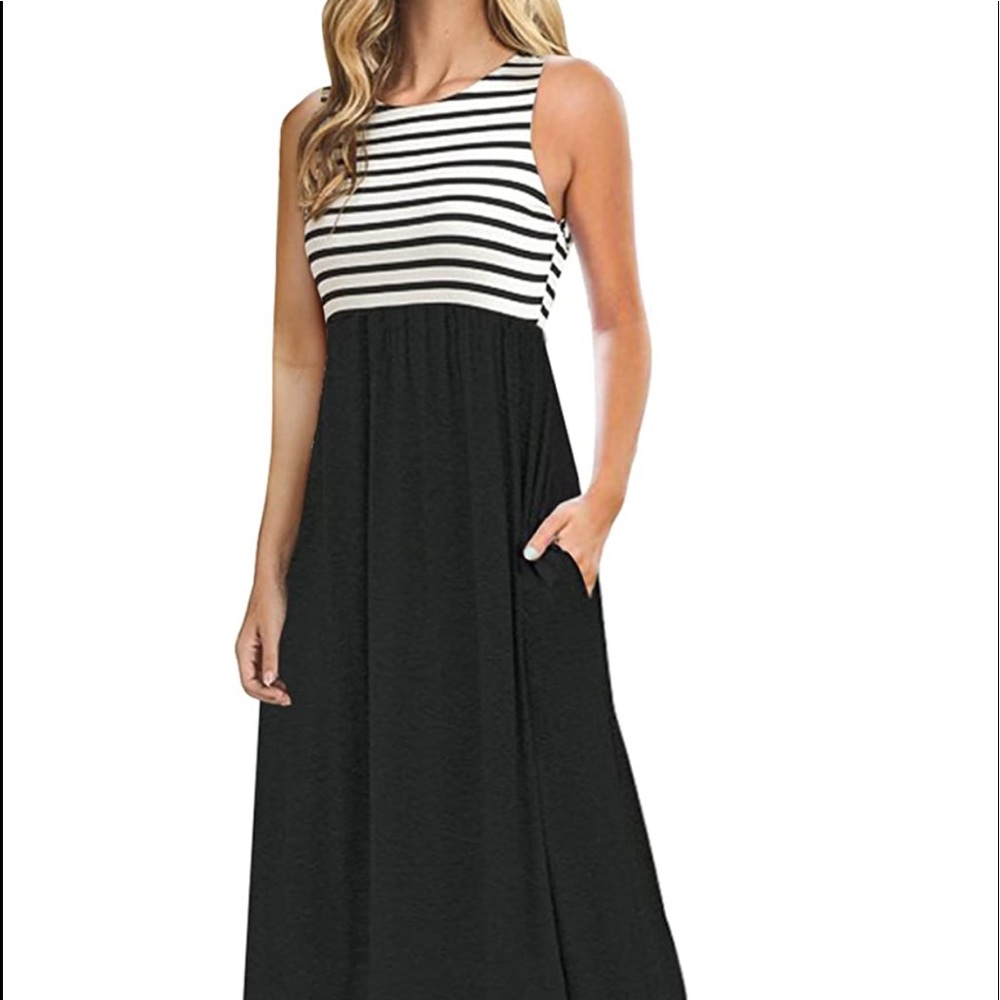 NWOT MEROKEETY Women's Summer Striped Sleeveless Crew Neck Long Maxi Dress